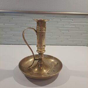 Vtg Brass Chamber Candlestick Holder with Handle Drip Tray 5.5”